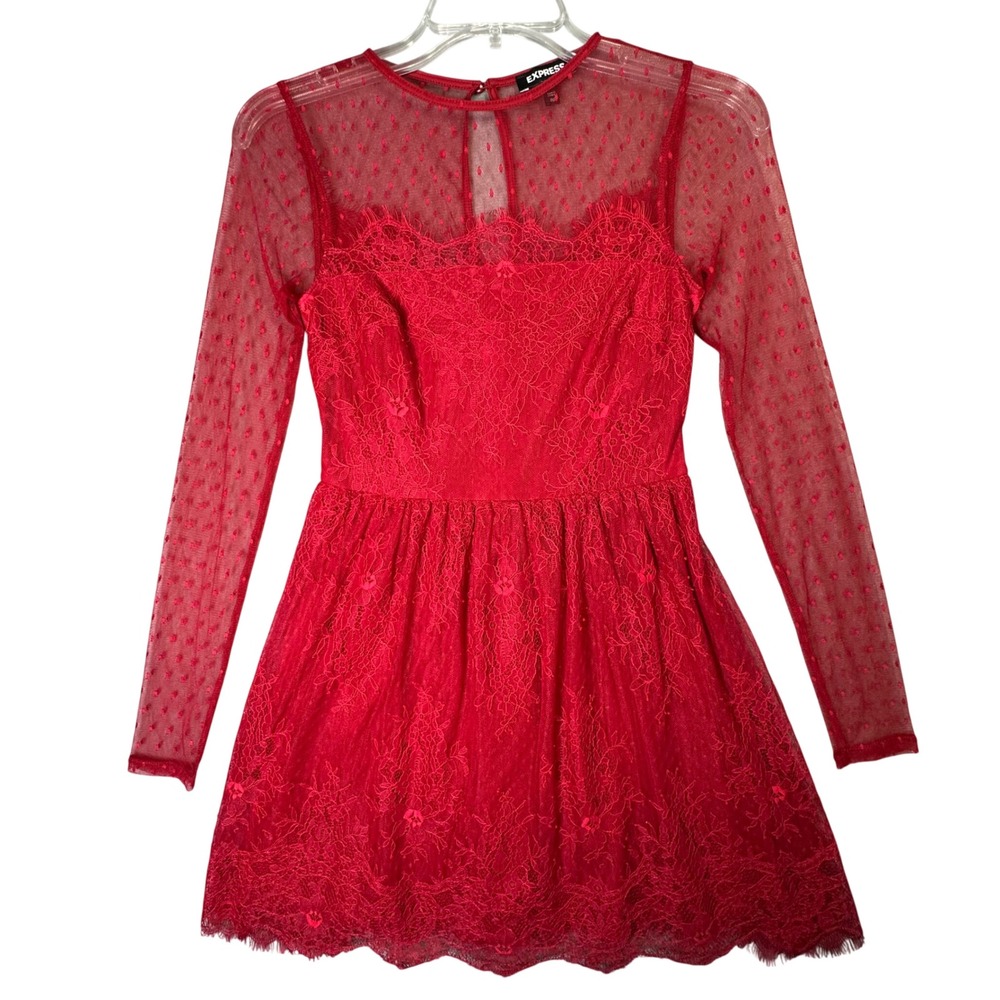 Express Lace Swiss Dot Mesh Fit Flare Dress Romantic Holiday Red 00 Whimsigoth